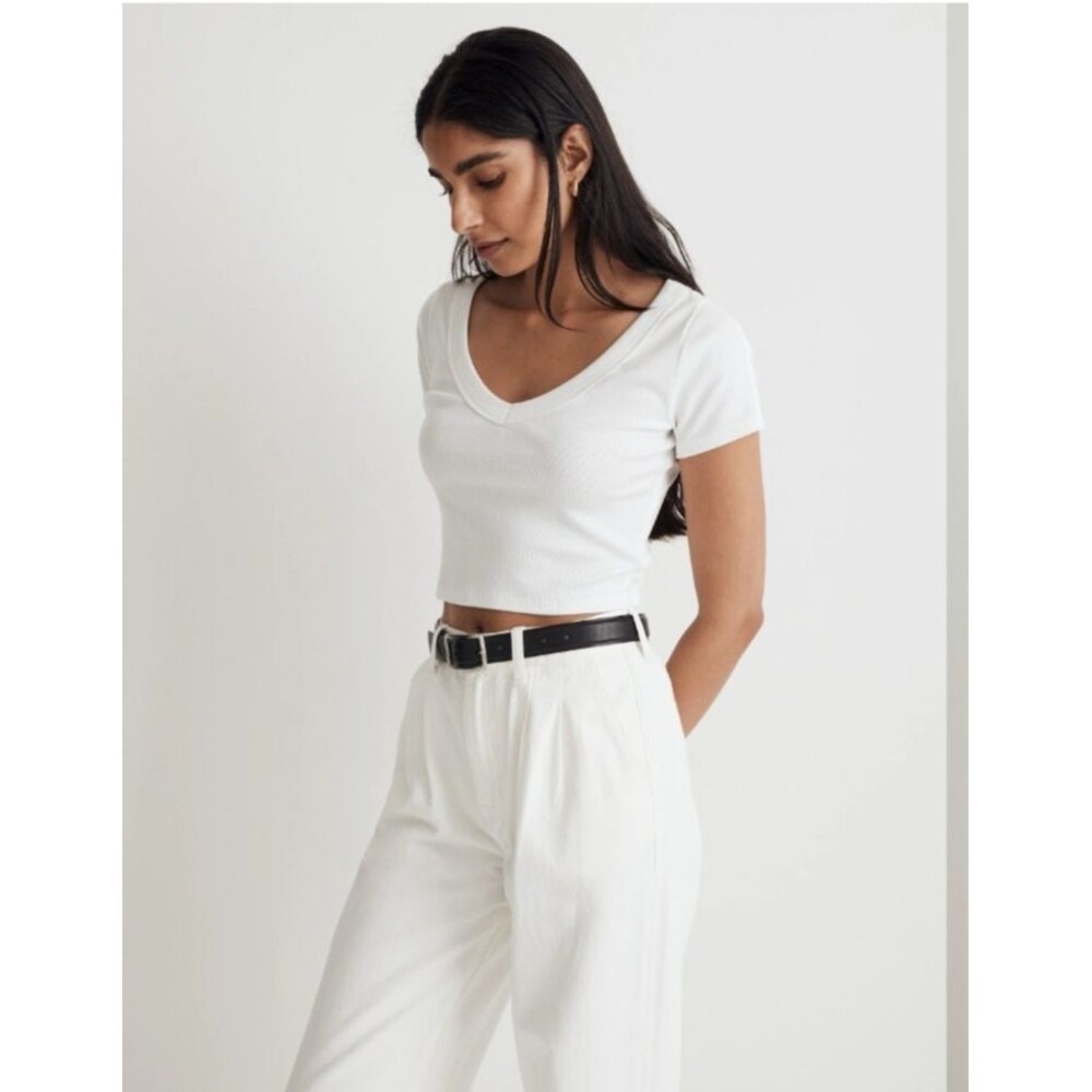 Madewell Brightside V Neck Crop Tee S Eyelet White Ribbed Cotton Boxy Top NL404